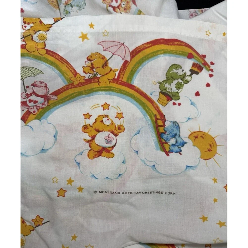 Vintage 1983 Care Bears Flat Sheet Rainbow Print American Greetings Marimac EUC